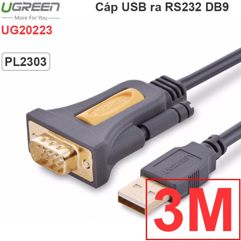 Cáp USB to COM RS232 Ugreen 20223 chính hãng, dài 3m, sử dụng chipset PL2303