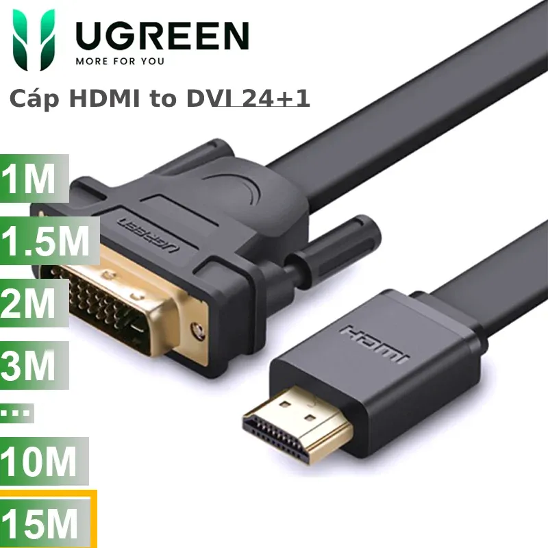 Cáp HDMI to DVI 24+1 mỏng dẹt Ugreen full HD 1080P dài 15m