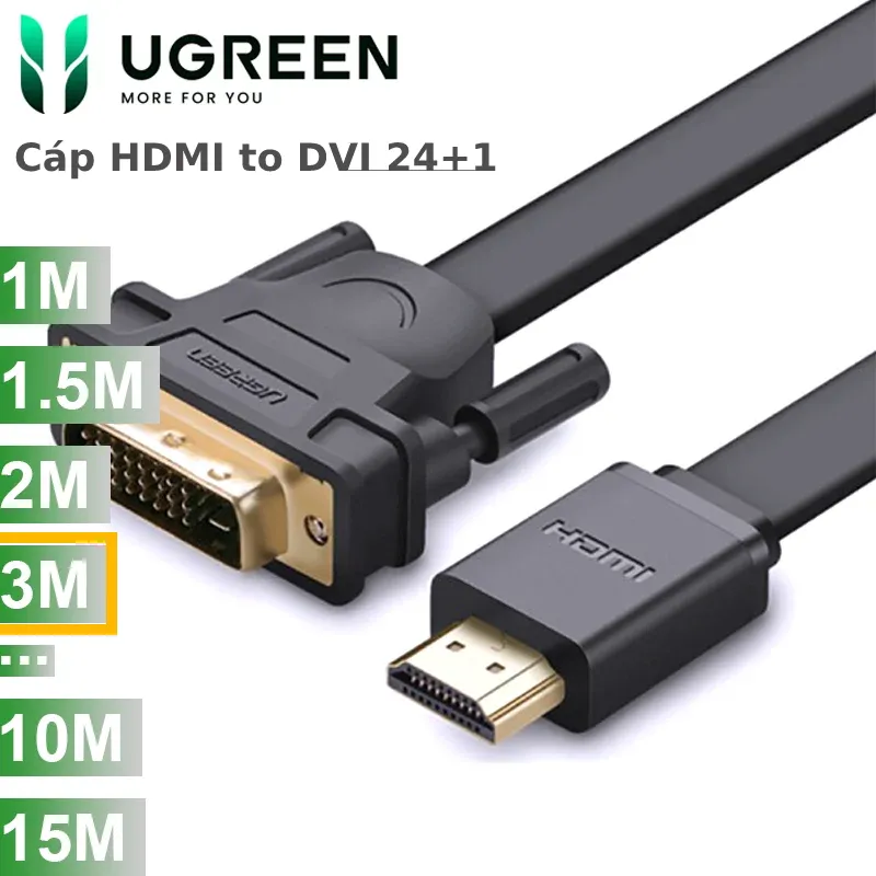 Cáp HDMI to DVI 24+1 mỏng dẹt Ugreen full HD 1080P dài 3m