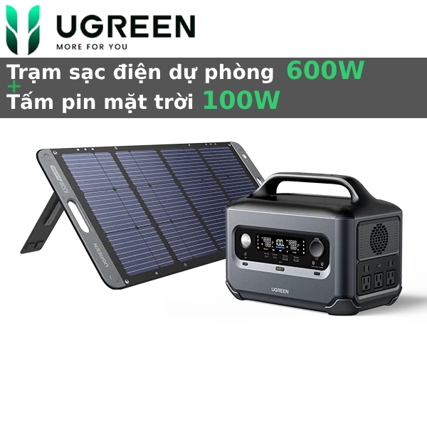 Trạm sạc điện dự phòng 600W Ugreen PowerRoam 600 kèm tấm pin năng lượng mặt trời 100W