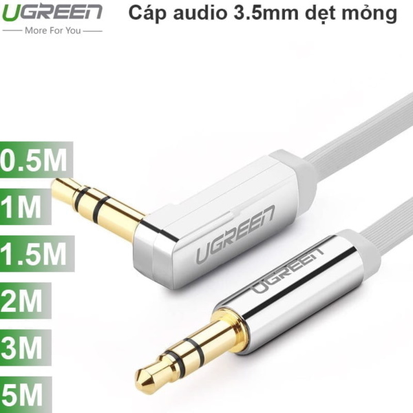 Cáp Audio âm thanh 3.5mm bẻ góc Ugreen 0.5M 1M 1.5M 2M 3M 5M (dẹt mỏng màu trắng)