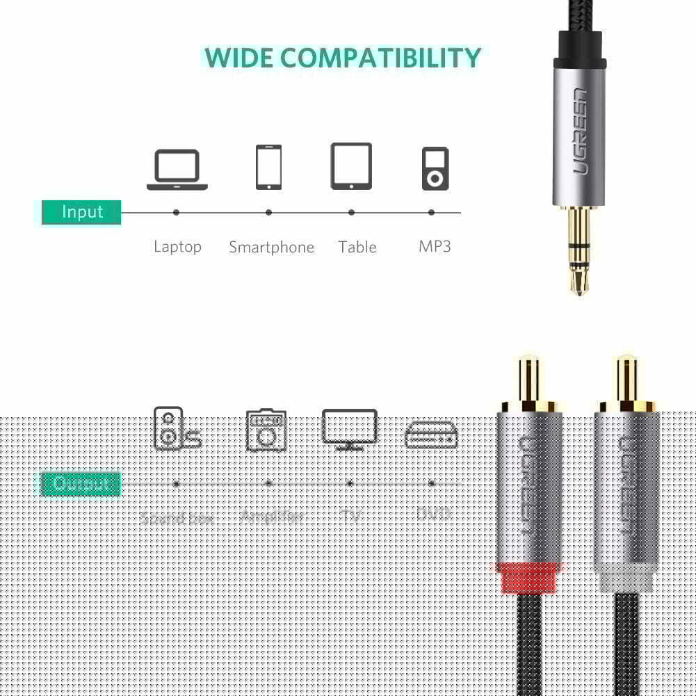 Cáp audio 3.5mm ra 2 đầu AV RCA lõi đồng tinh khiết OFC bọc nilon chống rối Ugreen 0.5M | 1M | 1.5M | 3M | 5M