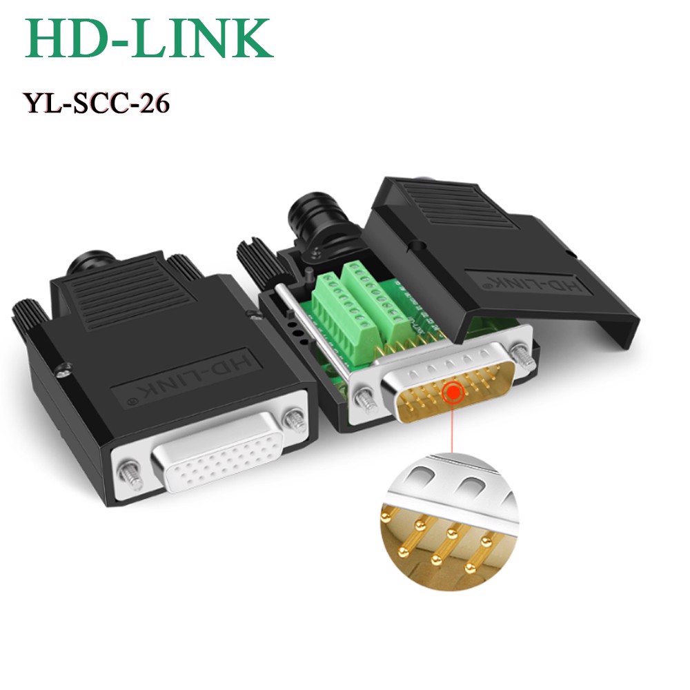 Đầu bấm cổng DB26 đực male bắt vít kèm vỏ ốp nhựa chân đồng HD-LINK YL-SCC-26M