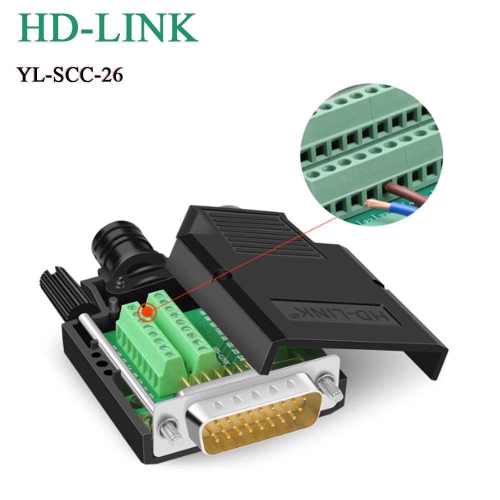 Đầu bấm cổng DB26 đực male bắt vít kèm vỏ ốp nhựa chân đồng HD-LINK YL-SCC-26M