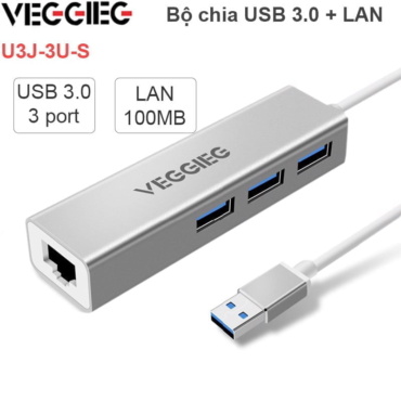 Bộ chia HUB USB 3.0 3 cổng + LAN RJ45 100Mbps Veggieg U3-3U-S