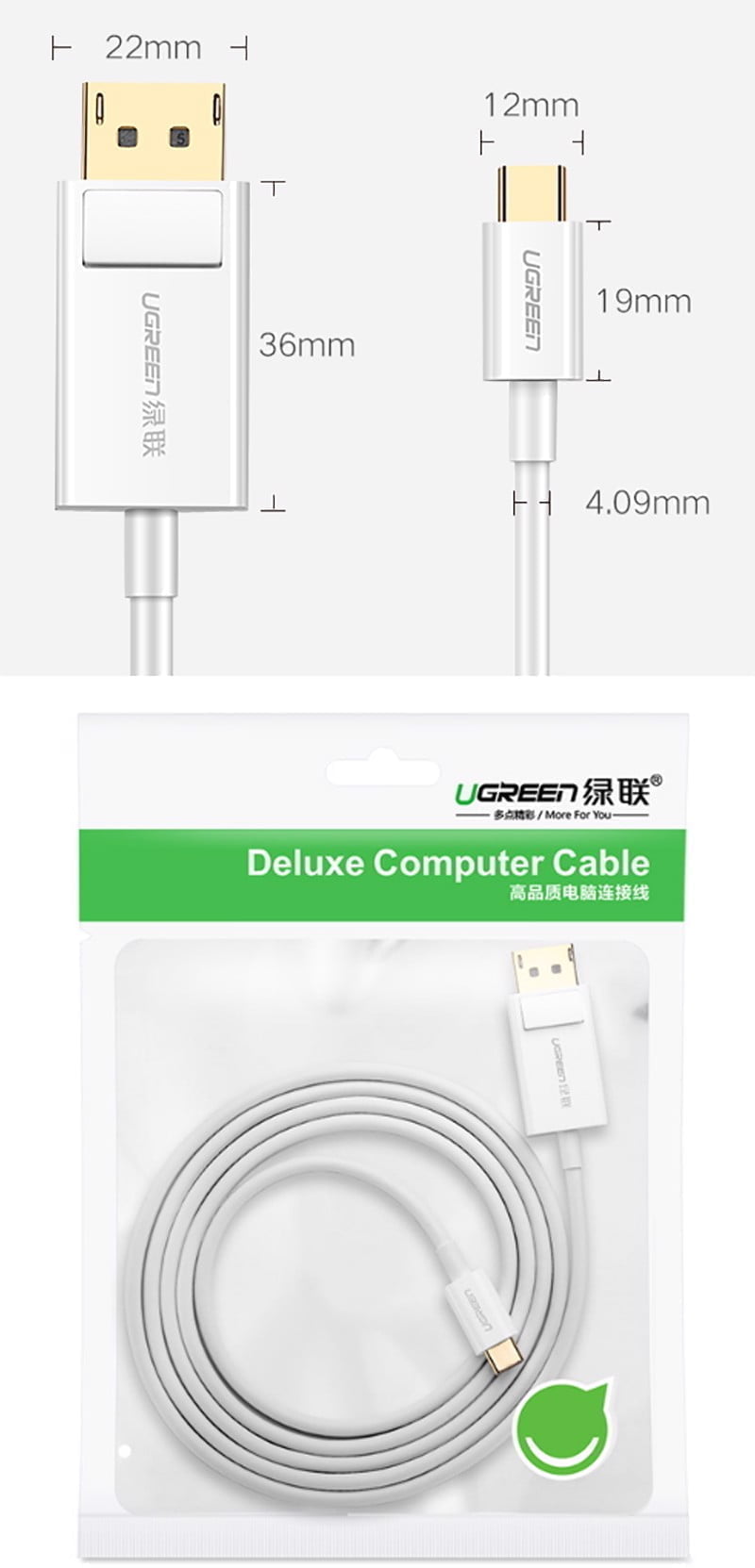 Dây cáp chuyển USB-C ra Displayport 4K60Hz 1.5 mét Ugreen 40420