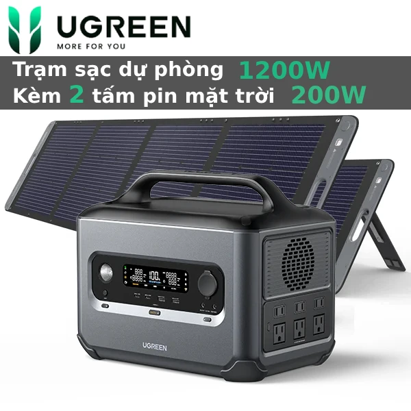 Trạm sạc dự phòng 1200W Ugreen PowerRoam 1200 kèm 2 tấm pin năng lượng mặt trời 200w