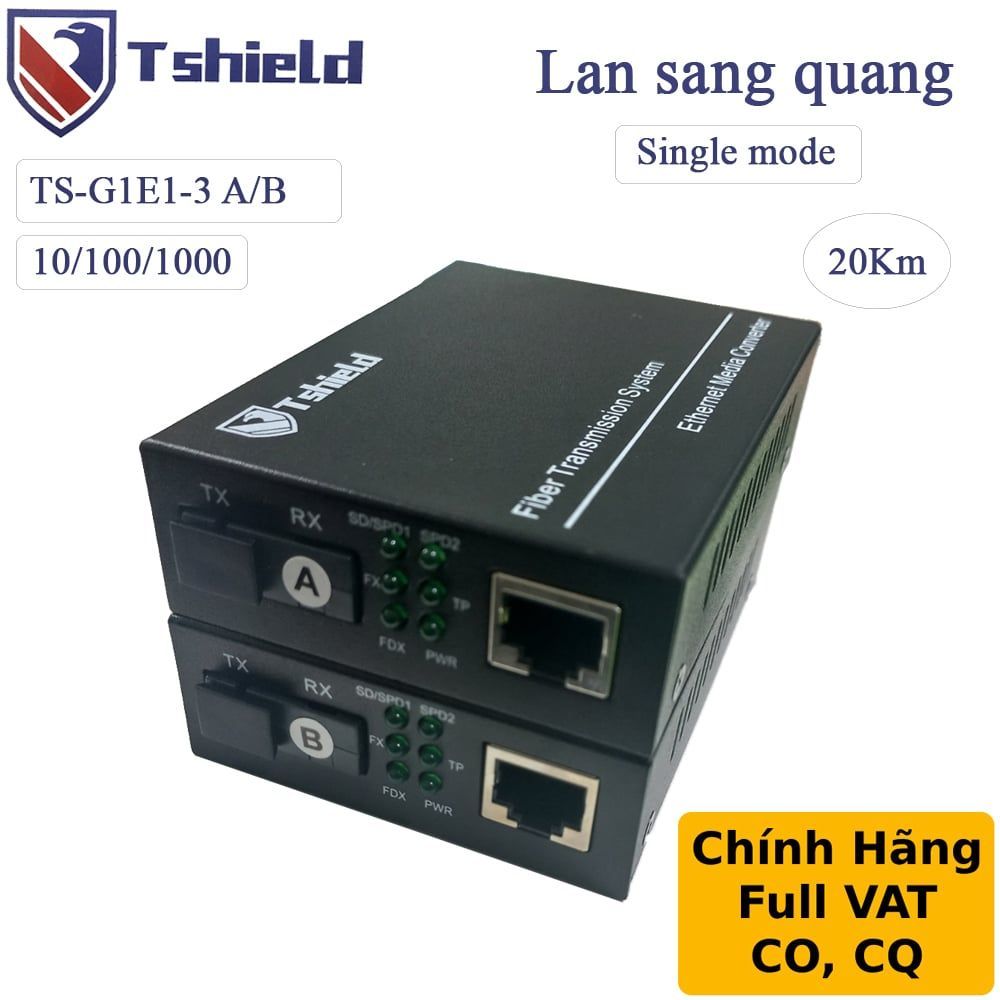 Bộ kéo dài RJ45 qua cáp quang Single mode 20Km Gigabit chính hãng T-Shield TS-G1E1-3 - Phụ Kiện Điện Tử.Com.vn Bộ kéo dài RJ45 qua cáp quang Single mode 20Km Gigabit chính hãng T-Shield TS-G1E1-3