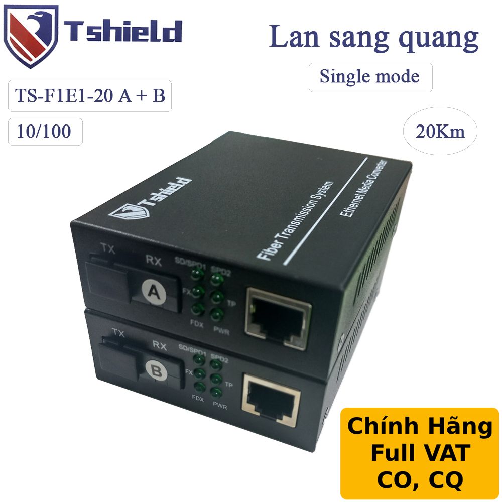 Bộ kéo dài RJ45 qua cáp quang Single mode 20Km Gigabit chính hãng T-Shield TS-G1E1-3