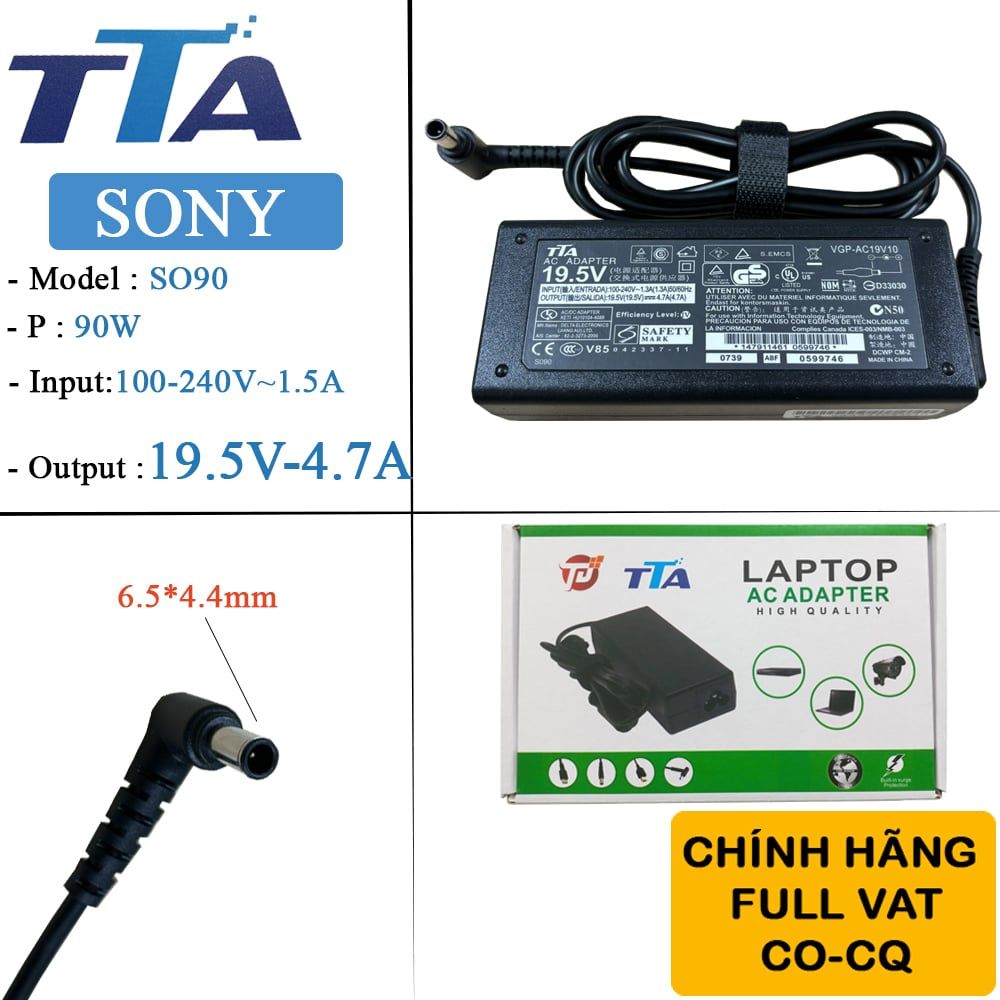Bộ nguồn sạc pin laptop Sony 19.5V-4.7A 90W chân 6.5*4.4mm chính hãng TTA - SO90 - Phụ Kiện Điện Tử.Com.vn Bộ nguồn sạc pin laptop Sony  19.5V-4.7A 90W chân 6.5*4.4mm chính hãng TTA - SO90