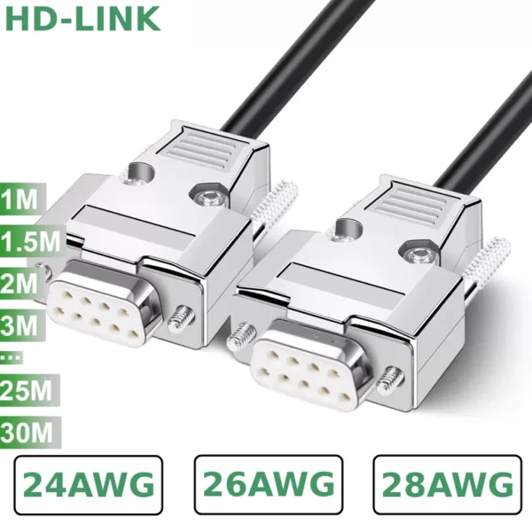 Cáp COM DB9 RS232 2 đầu cái, nối thằng, nối chéo, chất lượng cao với đầu kim loại, chân đồng dài từ 1m-30m