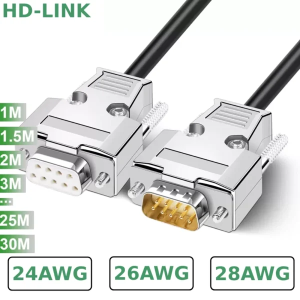 Cáp điều khiển COM DB9 RS232 đầu đực cái, nối thằng, nối chéo, cao cấp với đầu kim loại, chân đồng dài từ 1m-30m
