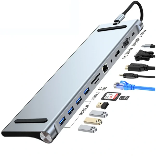 Bộ Chia USB Type C 11 trong 1 Station Đa Năng cho MacBook và Laptop, cổng ra HDMI, USB, LAN, TF/SD, AUX