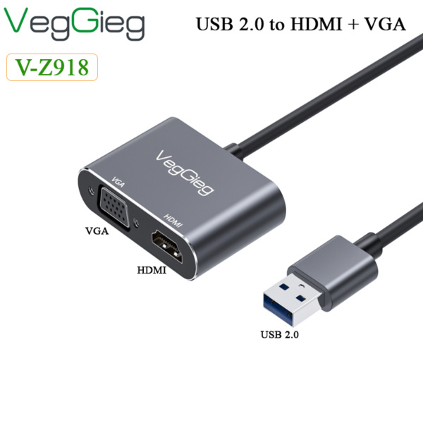Cáp chuyển đổi USB 2.0 sang HDMI + VGA 1080 Veggieg V-Z918
