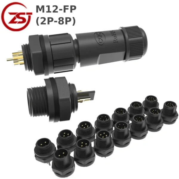 Đầu nối điện chống nước lắp bảng điều khiển ZSJ M12-FP chuẩn IP68 từ 2 -8 chân
