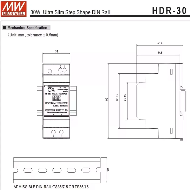 Nguồn DC 24V 1.5A Meanwell HDR-30-24 3