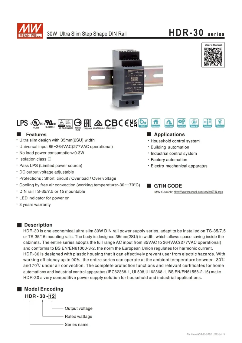 Nguồn DC 24V 1.5A Meanwell HDR-30-24 6
