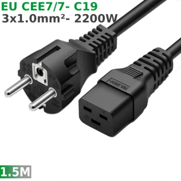 Cáp nguồn C19 IEC320 chân cắm thẳng CEE 7/7 1.5m 3x1.0mm² 250V-16A hiệu Doxconn - Phụ Kiện Điện Tử.Com.vn