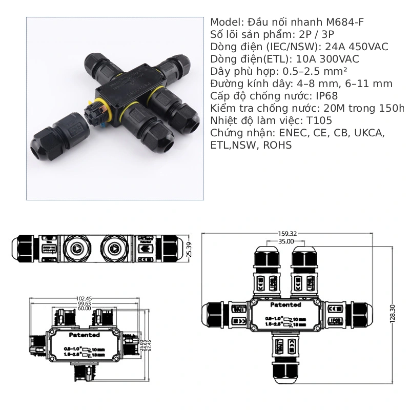 Đầu nối dây điện ngoài trời chống nước IP68 M684-Y 3 nhánh kiểu chữ Y - Phụ Kiện Điện Tử.Com.vn Đầu nối điện chống nước IP68 M684-F 2