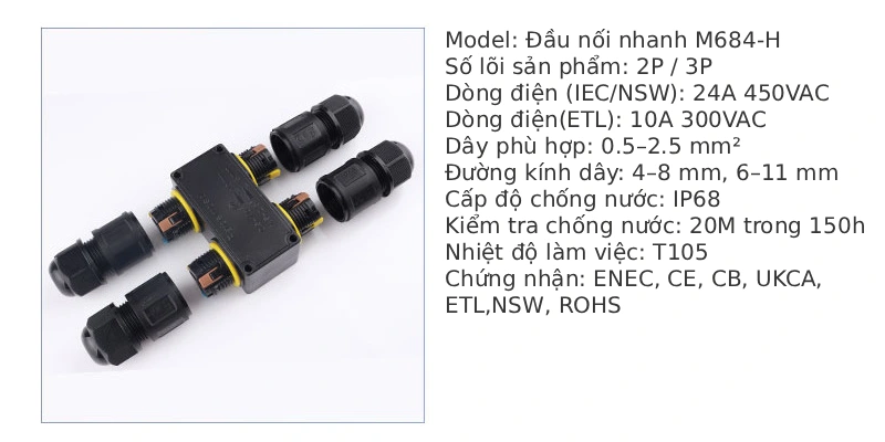 Đầu nối dây điện ngoài trời chống nước IP68 M684-Y 3 nhánh kiểu chữ Y - Phụ Kiện Điện Tử.Com.vn Đầu nối điện chống nước IP68 M684-H 2