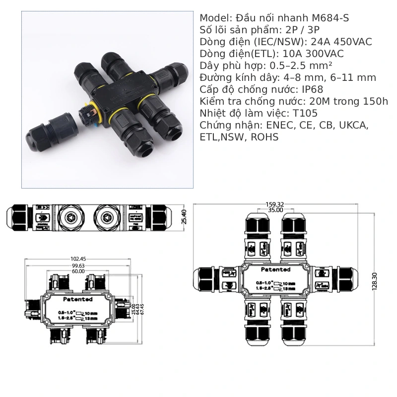 Đầu nối dây điện ngoài trời chống nước IP68 M684-T 3 nhánh kiểu chữ T - Phụ Kiện Điện Tử.Com.vn Đầu nối điện chống nước IP68 M684-S 3