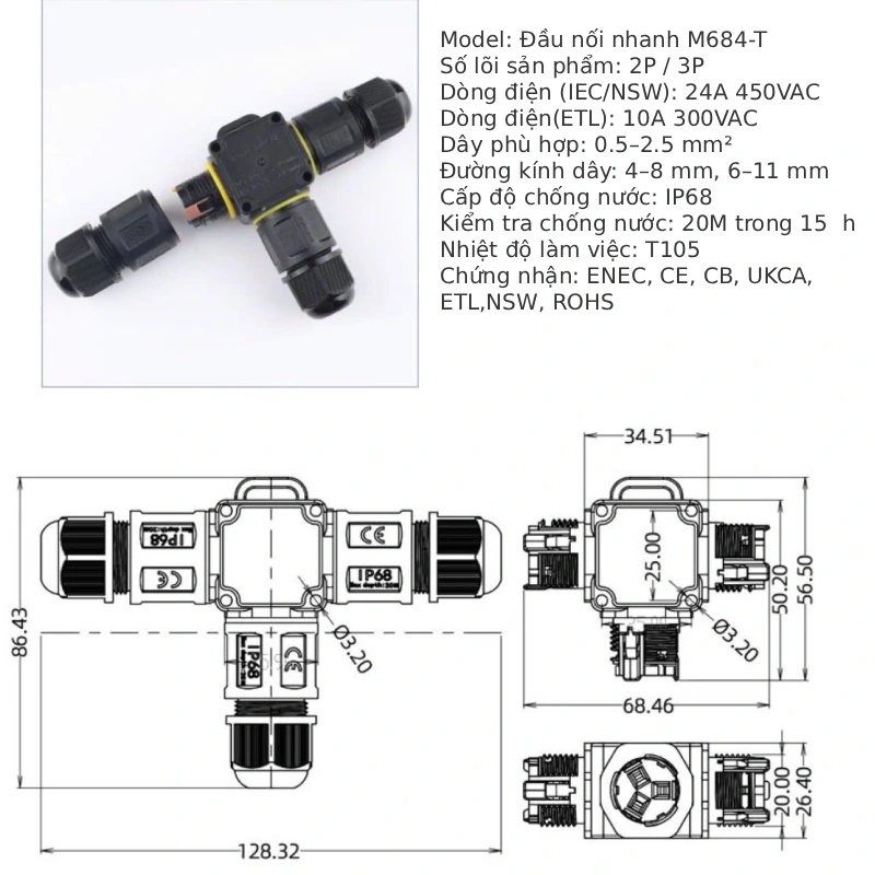 Đầu nối dây điện ngoài trời chống nước IP68 M684-X 4 nhánh kiểu chữ X - Phụ Kiện Điện Tử.Com.vn Đầu nối điện chống nước IP68 M684-T 2