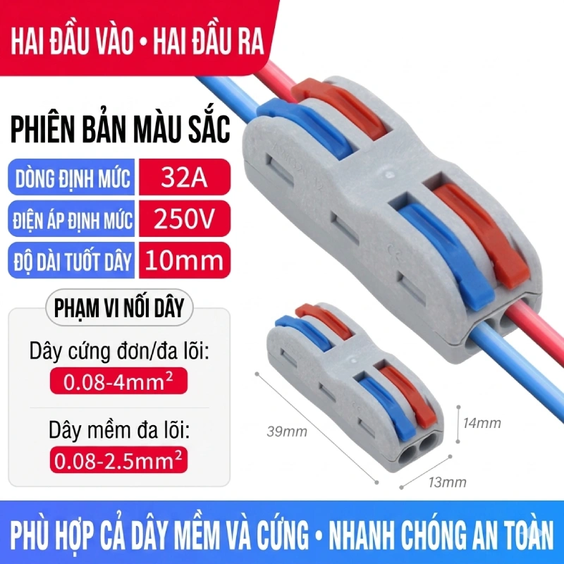 Cầu đấu dây điện nhanh cần gạt SPL, đầu giắc nối dây điện đa cổng 250V/32A ~ Kiểu dáng: 2 ra 2 (SPL-2C)