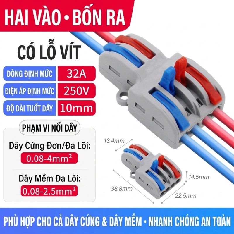 Cầu đấu dây điện nhanh cần gạt SPL, đầu nối dây điện đa cổng 250V/32A ~ Kiểu dáng: 2 ra 4 (SPL-42)