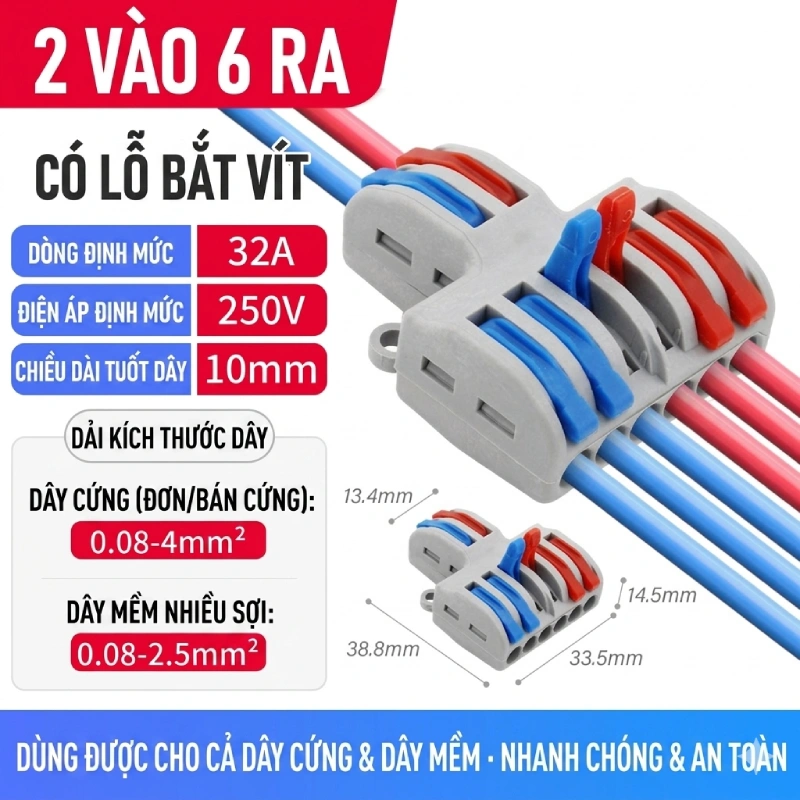 Cầu đấu dây điện nhanh cần gạt SPL, đầu nối dây điện đa cổng 250V/32A ~ Kiểu dáng: 2 ra 6(SPL-62)