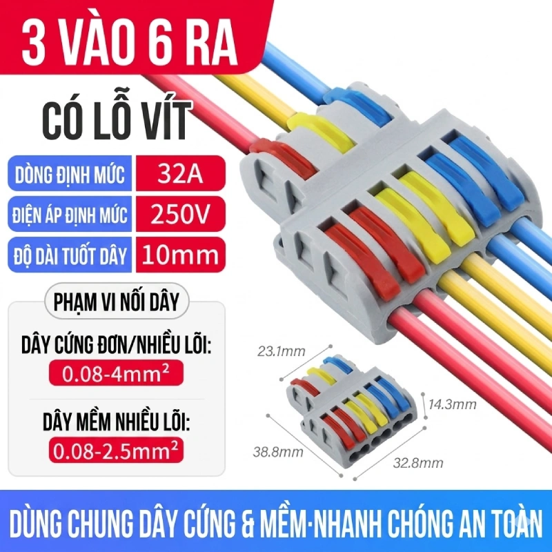 Cầu đấu dây điện nhanh cần gạt SPL, đầu nối dây điện đa cổng 250V/32A ~ Kiểu dáng: 3 ra 6 (SPL-63)