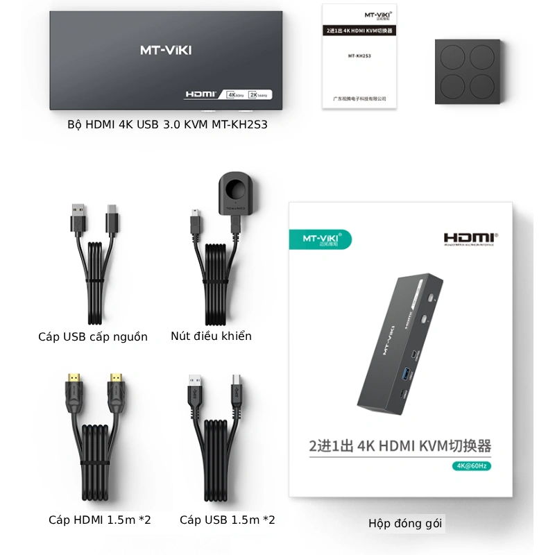 Bộ chia HDMI 4K USB 3.0 KVM Switch 2 cổng MT-KH2S3 4 Bộ chia HDMI 4K USB 3.0 KVM Switch 2 cổng MT-KH2S3 4