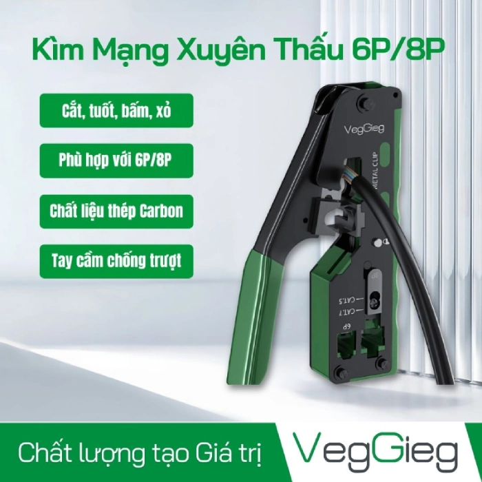 Kìm bấm mạng xuyên thấu dùng cho Cat5e Cat6, CAT6A cáp điện thoại 6PIN 8PIN VEGGIEG V-E111 - Phụ Kiện Điện Tử.Com.vn Kìm mạng xuyên thấu Veggieg V-E111