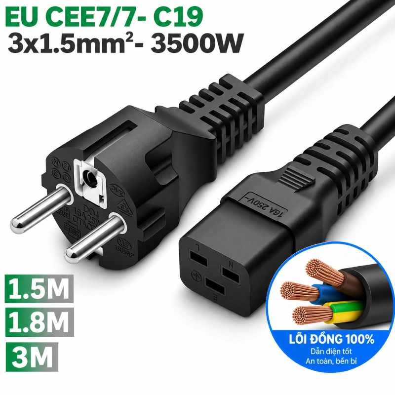 Cáp nguồn C19 chân cắm thẳng 1.8m IEC320 CEE 7/7 3x1.5mm² 250V-16A hiệu Doxconn - Phụ Kiện Điện Tử.Com.vn Cáp nguồn C19 3x1.5mm 00