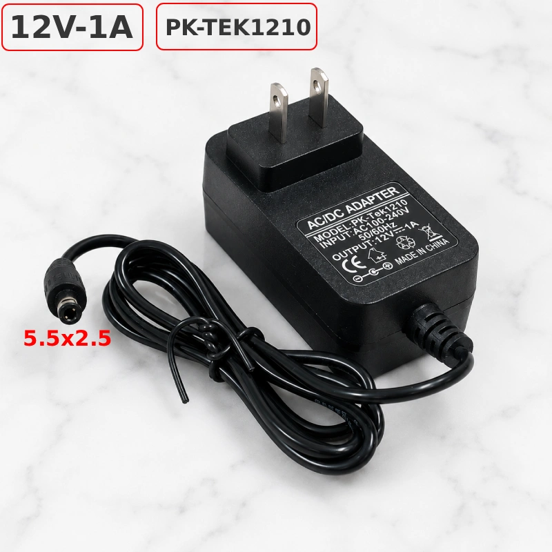 Nguồn DC Adapter 12V 1A PK-Tek1210 jack 5.5x2.5mm, chân cắm tường dẹt chuẩn mỹ - Phụ Kiện Điện Tử.Com.vn Nguồn DC 12V 1A Pk-Tek1210