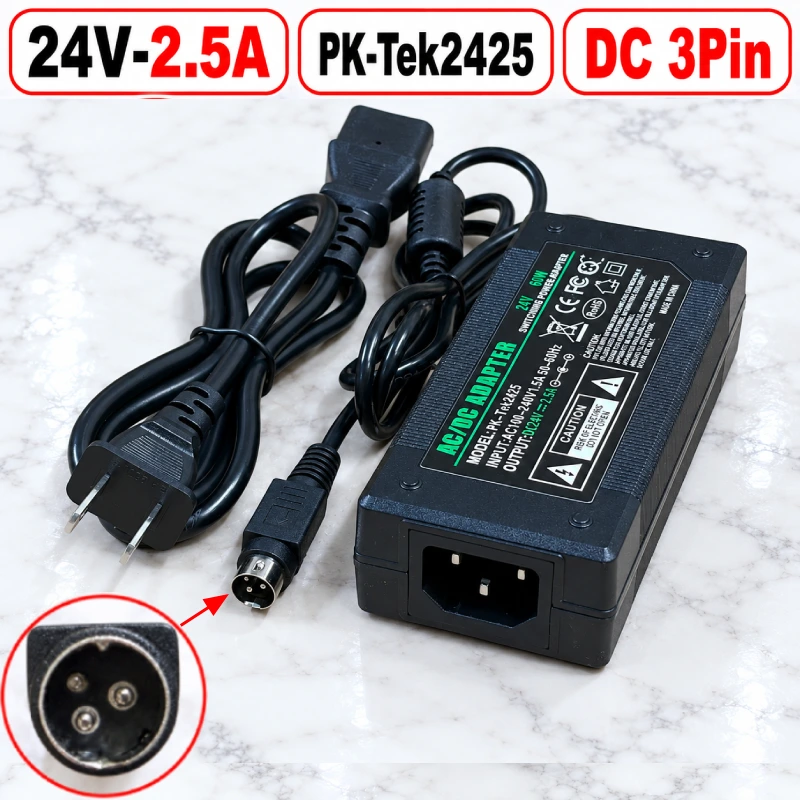 Nguồn DC Adapter 24V 2.5A Pk-Tek2425 chân DC 3pin