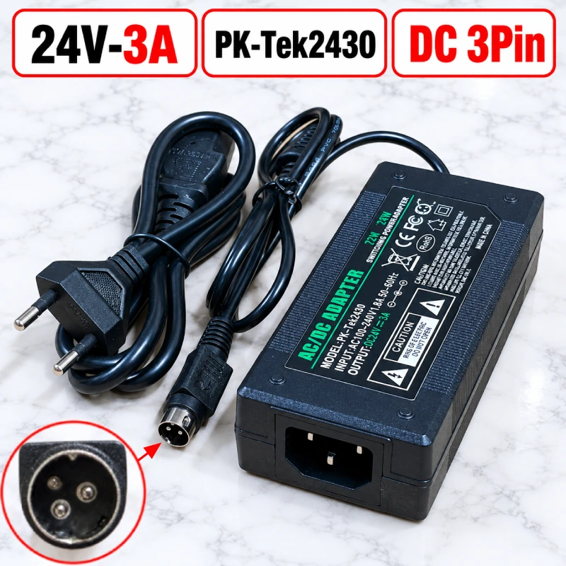 Nguồn DC Adapter 24V 3A Pk-Tek2430 chân DC 3pin 0