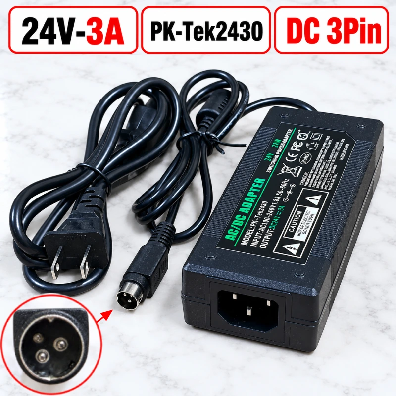 Nguồn DC Adapter 24V 3A Pk-Tek2430 chân DC 3pin 00